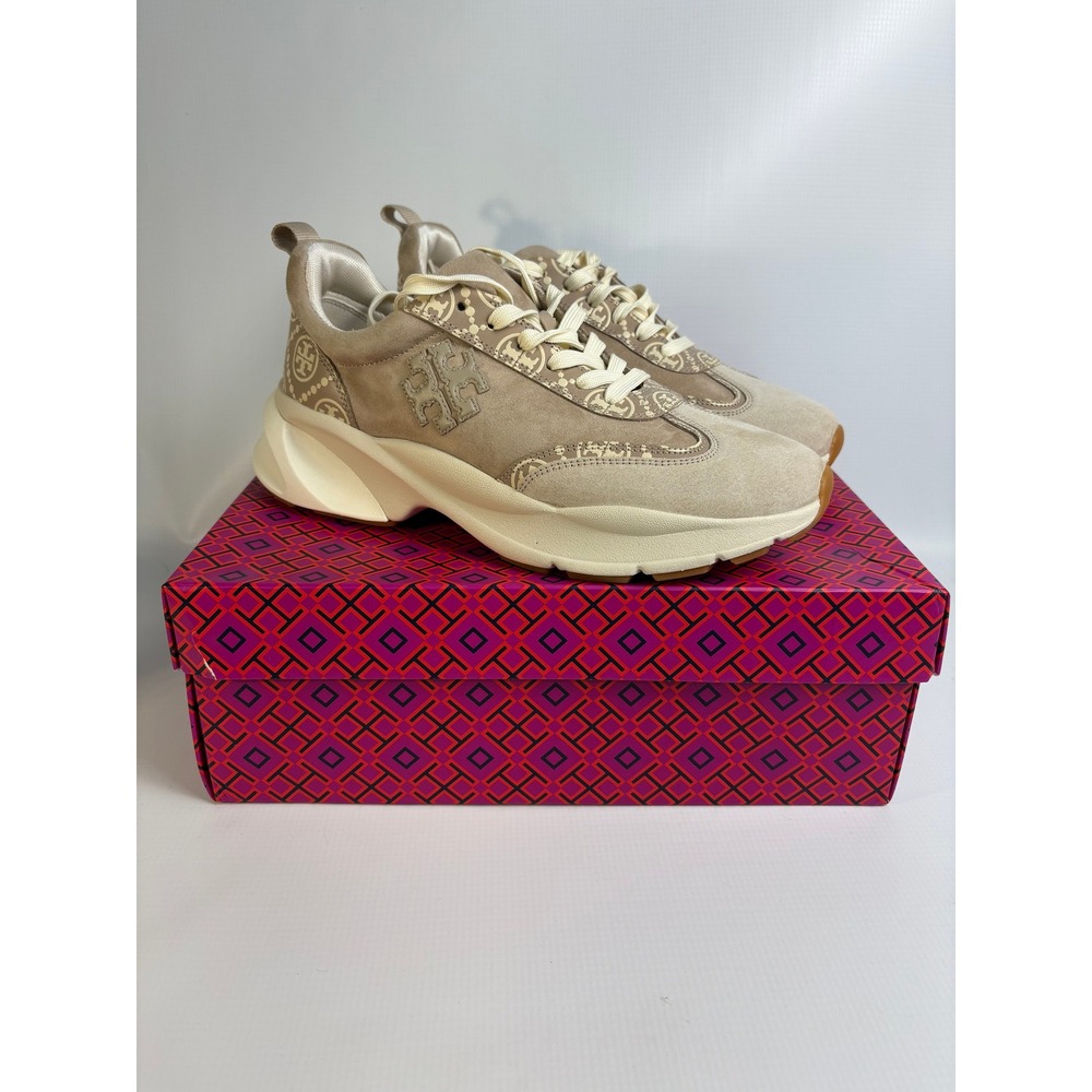 NIB Tory Burch T Monogram Good Luck Trainer Beige Cream Sneakers 89114 Size 10.5